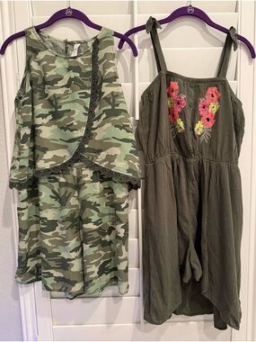 Justice Girls Olive Camo and Olive Embroidered One-Piece Rompers